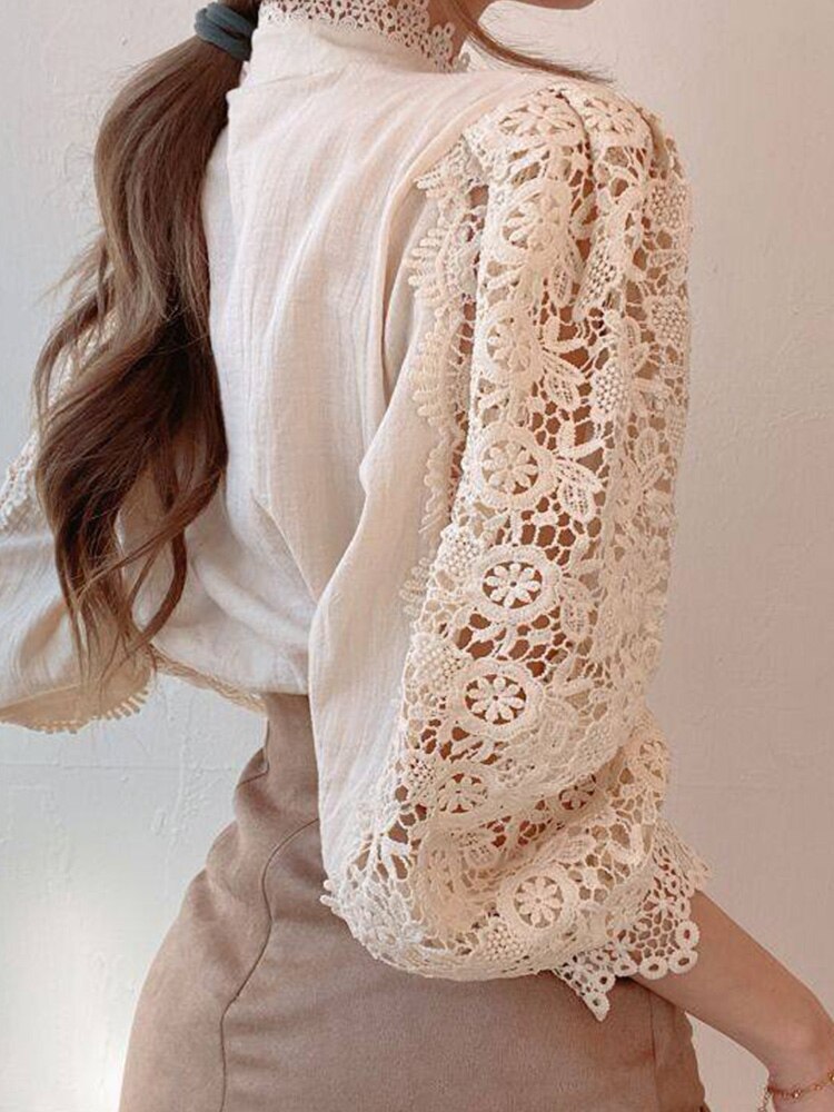 Apricot White Lace Women Vintage Blouse Shirt