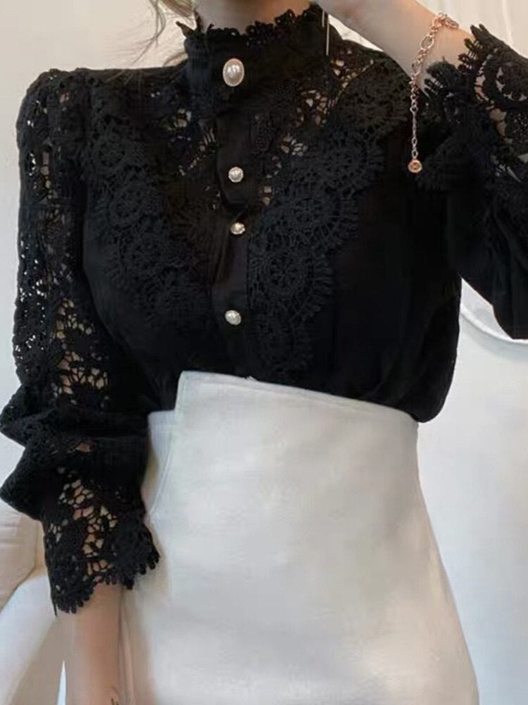 Apricot White Lace Women Vintage Blouse Shirt