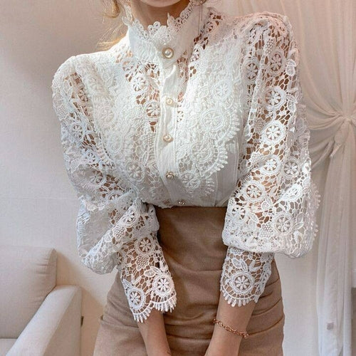 Apricot White Lace Women Vintage Blouse Shirt