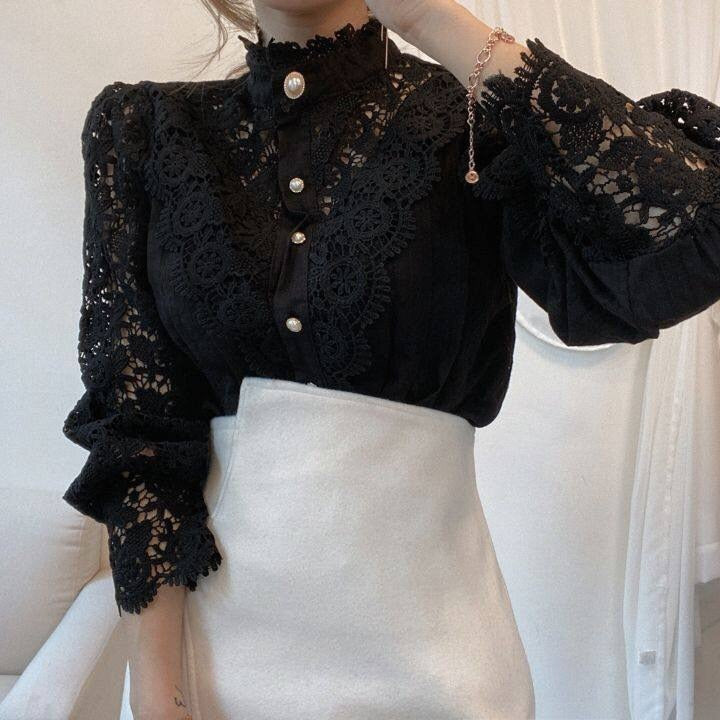 Apricot White Lace Women Vintage Blouse Shirt