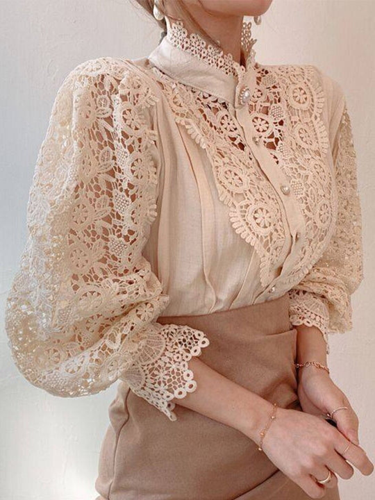 Apricot White Lace Women Vintage Blouse Shirt