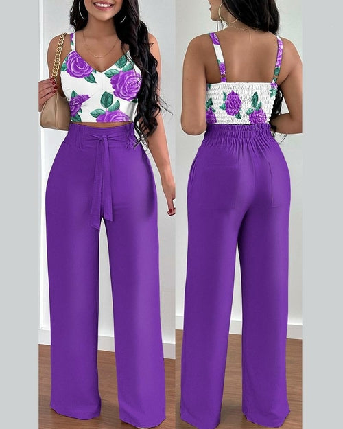 Print Floral Suspender Vest High waist Elastic Wide Leg Pants Two