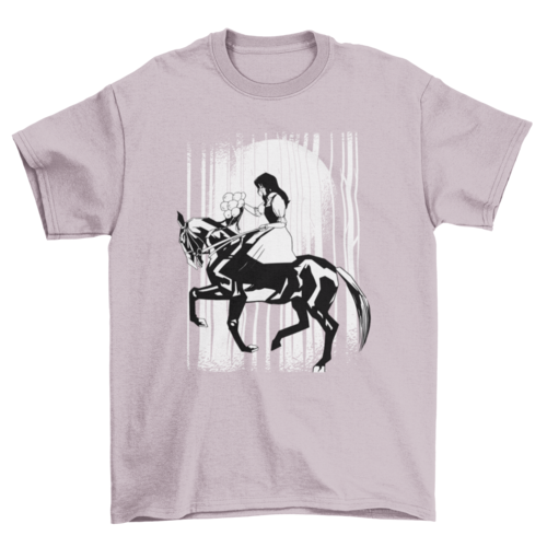 Young woman riding black horse animal t-shirt