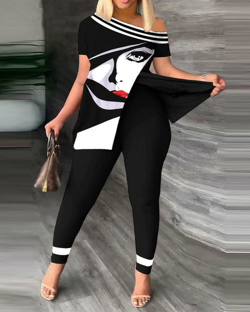 Off Shoulder Short Sleeve Split T-Shirt Top and Leggings Slim Pants