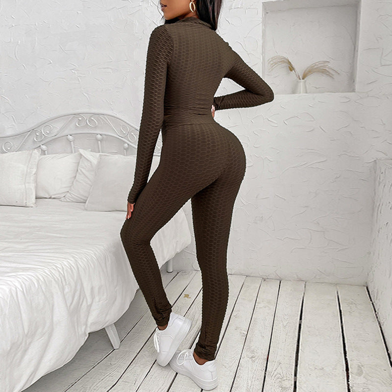 Brown Two-piece Crop Top and High Waist Leggings Yoga Wear Tracksuit