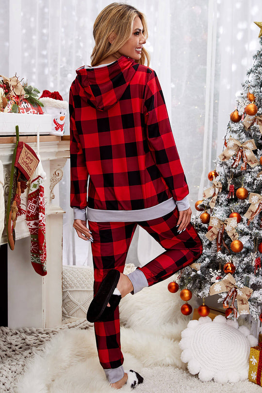 Plaid Contrast Trim Hooded Lounge Set