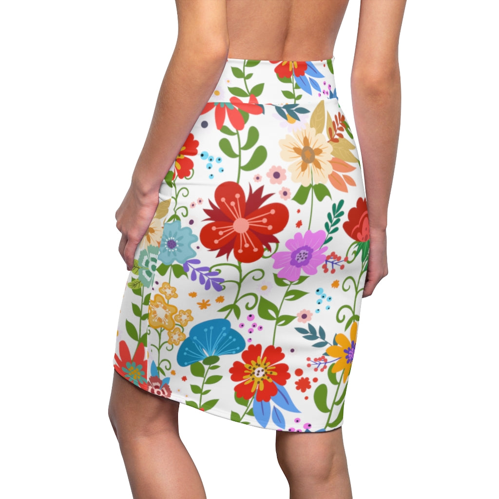 Womens Pencil Skirt, High Waist Stretch, Multicolor Floral Print