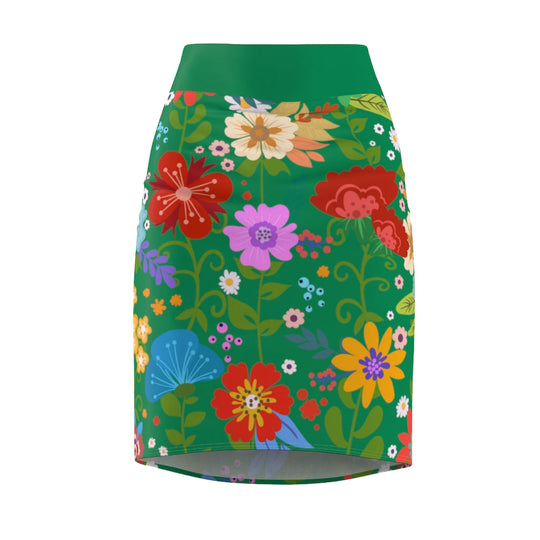 Womens Pencil Skirt, High Waist Stretch, Multicolor Floral Print,