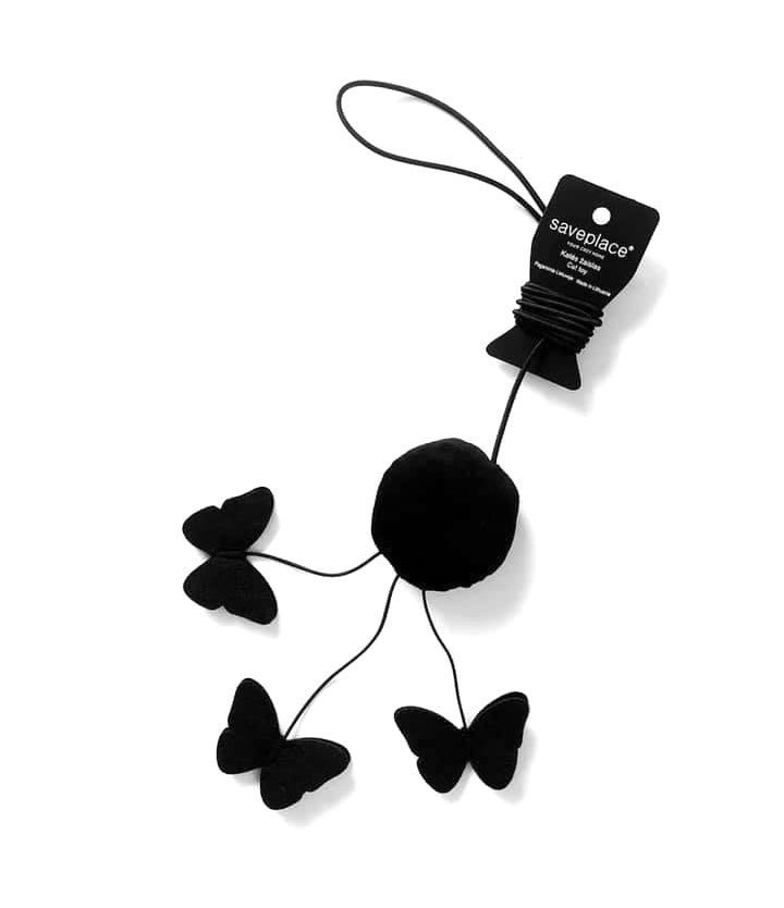 BUTTERFLIES Saveplace® black plush cat toy with long gummy string