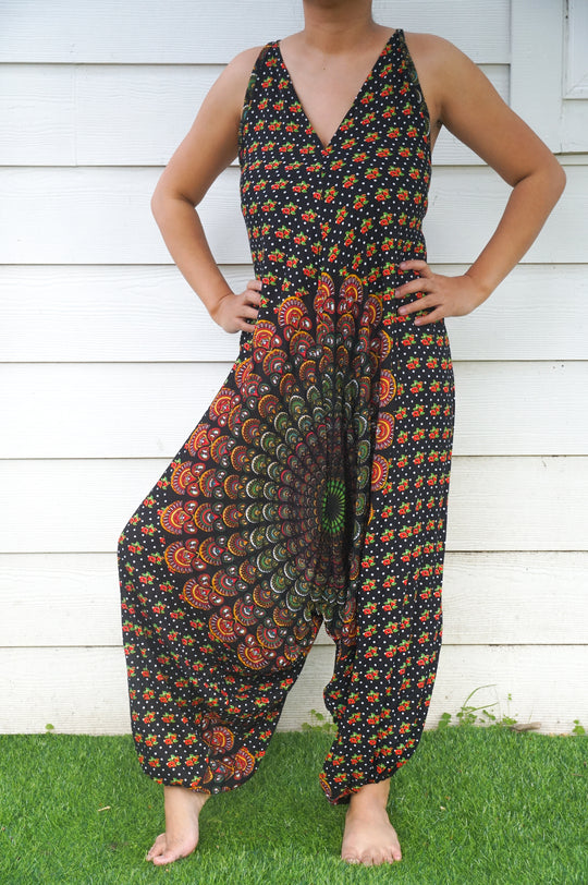 Black Chakra Hippie Jumpsuits, Boho Rompers, Festival Clothing