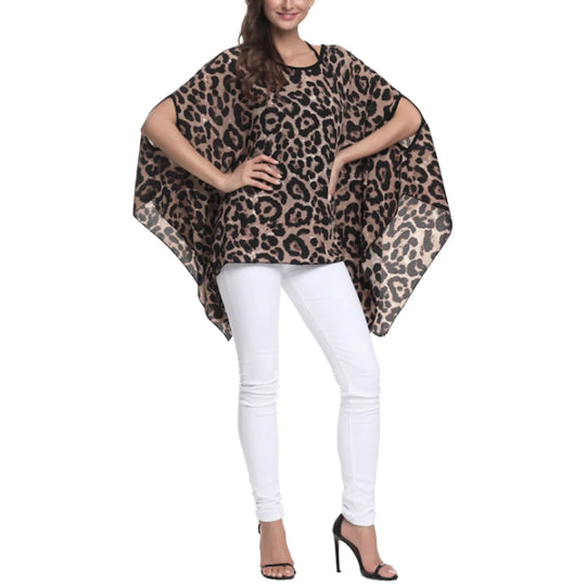 Fledermaus-Chiffon-Oberteil für Damen mit Leopardenmuster