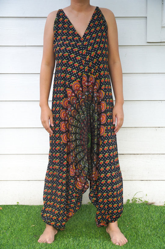 Black Chakra Hippie Jumpsuits, Boho Rompers, Festival Clothing