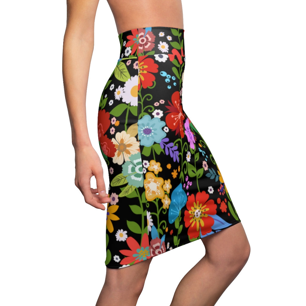 Womens Pencil Skirt, High Waist Stretch, Multicolor Floral Print,