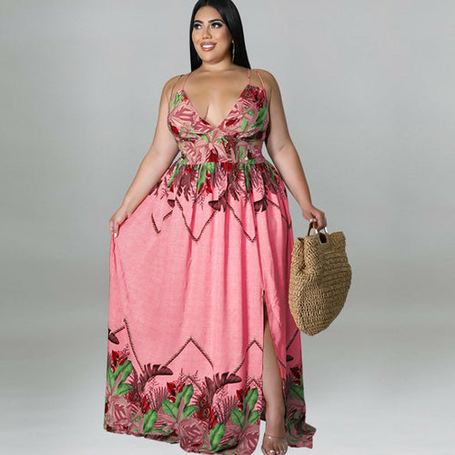 Plus Size Damen Blumen-Spaghettiträger, V-Ausschnitt, hohe Taille, Boho-Maxi