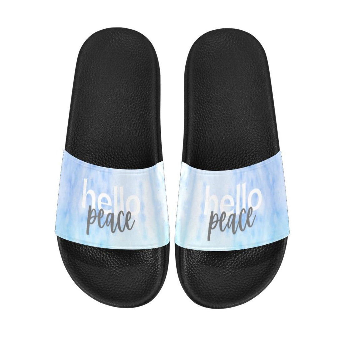 Chanclas para mujer, sandalias tipo chanclas, estampado Hello Peace en acuarela azul