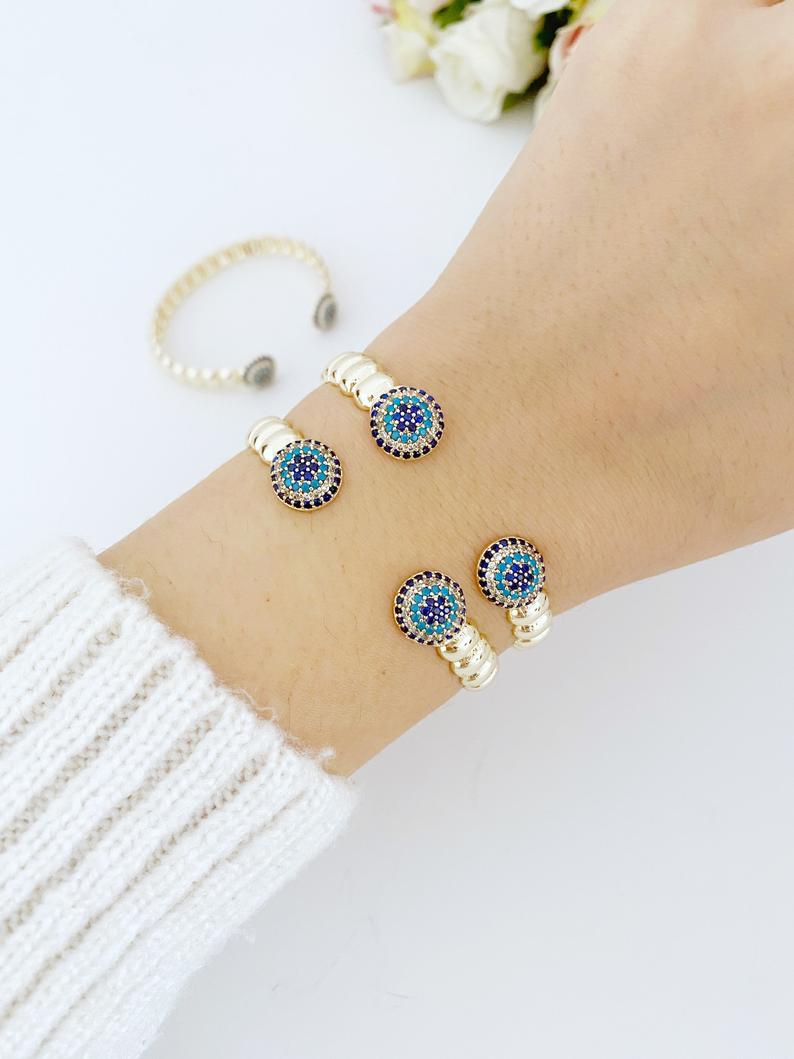 Luxuriöses Evil Eye Armband, Gold Twisted Cuff Armband, Zirkon Evil Eye