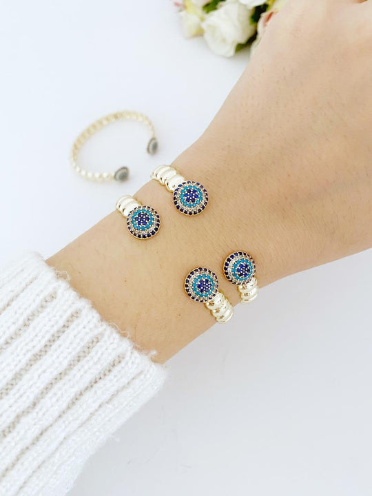 Luxuriöses Evil Eye Armband, Gold Twisted Cuff Armband, Zirkon Evil Eye