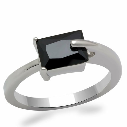 LO2066 - Rhodium Brass Ring with AAA Grade CZ  in Jet