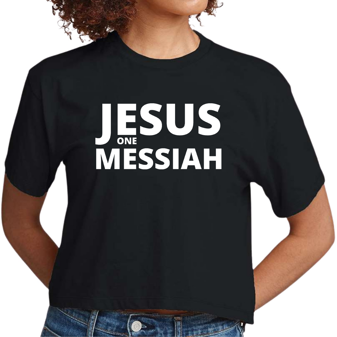 Kurz geschnittenes Damen-T-Shirt „Jesus One Messiah“, christliche Inspiration 