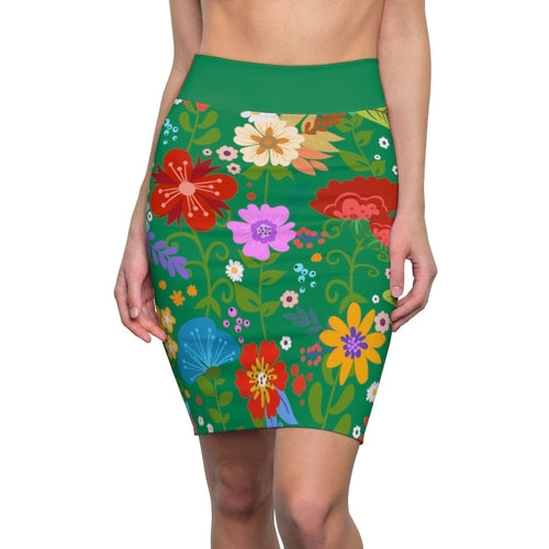 Womens Pencil Skirt, High Waist Stretch, Multicolor Floral Print,