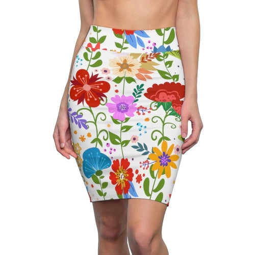 Womens Pencil Skirt, High Waist Stretch, Multicolor Floral Print